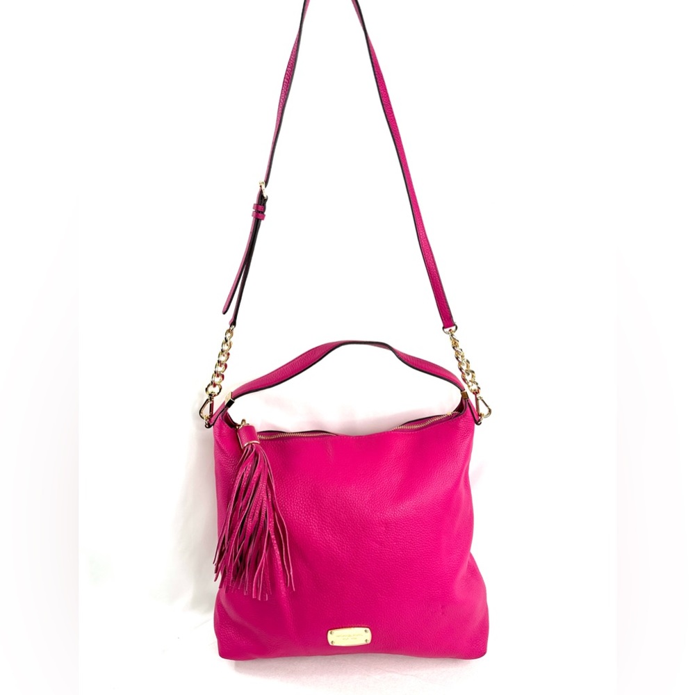 Michael Kors Fuchsia Pink Leather Large Shoulder Bag Purse Chain Strap Tassel - Picture 1 of 13